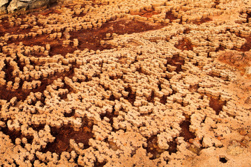 Out-this-planet view to Dallol volcano crater at Danakil Depression and sulfur, salt, potassium, calcium and ferrum mineral fields in hottest place on Earth
