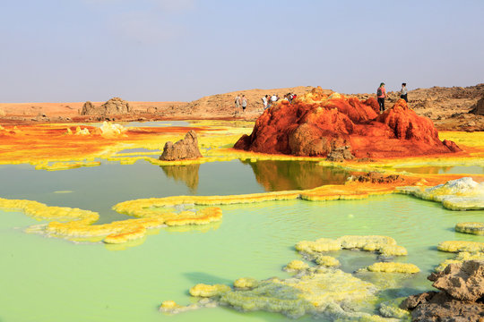 Out-this-planet view to Dallol volcano crater at Danakil Depression and sulfur, salt, potassium, calcium and ferrum mineral fields in hottest place on Earth