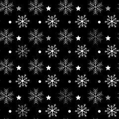 Seamless navy black background with snowflakes. Pattern snowfall with sparkling flares.