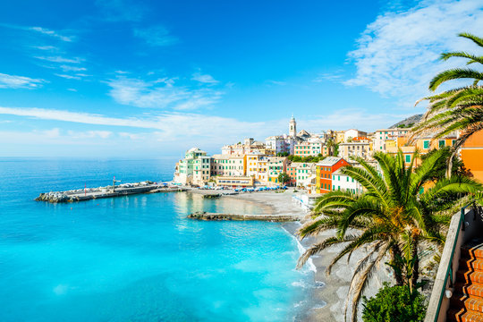 View of Bogliasco. Bogliasco is a ancient fishing village in Italy, Genoa, Liguria. Mediterranean Sea, sandy beach and architecture of Bogliasco town.