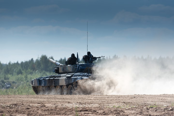 Army tank. Military training. Summer military exercises.