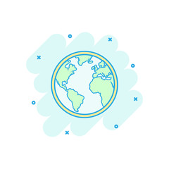 Vector cartoon globe world map icon in comic style. Round earth illustration pictogram. Planet business splash effect concept.
