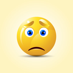 Fototapeta premium Sad smiley with blue eyes, emoticon with dislike. Yellow face with emotions.