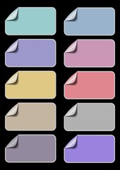 Fototapeta premium Set of empty labels in different pastel colors, rectangle paper wirh rolled corners, badge for own text, Useful for discount, sale, product information, vector design