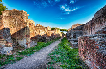 Archaeological Roman empire street view in Ostia Antica - Rome - Italy