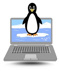 Laptop with the penguin coming out of the display, cute label for computer operating system, vector illustration