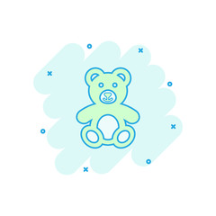 Vector cartoon teddy bear plush toy icon in comic style. Teddy toy sign illustration pictogram. Bear business splash effect concept.