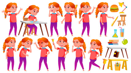 Girl Schoolgirl Kid Poses Set Vector. Redhead. High School Child. School Student. Cheer, Pretty, Youth. For Advertisement, Greeting, Announcement Design. Isolated Cartoon Illustration