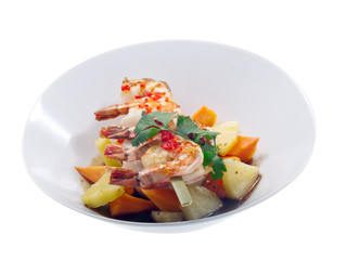 fried spicy prawn poke on skewer with fresh raw pineapple, papaya and steamed rice 