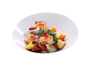 fried spicy prawn poke on skewer with fresh raw pineapple, papaya and steamed rice 