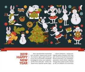 2019 New year celebration, bunny with snowman winter character