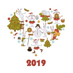 Fototapeta na wymiar 2019 new year celebration, symbols bunny character decorating snowman