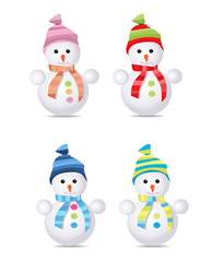Four snowmen wearing colorful hats and scarves. Vector illustration