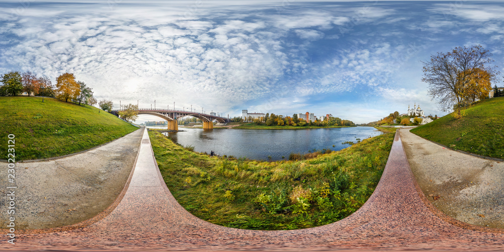 Wall mural full seamless spherical panorama 360 degrees angle view on bank of wide river in front of bridge in 