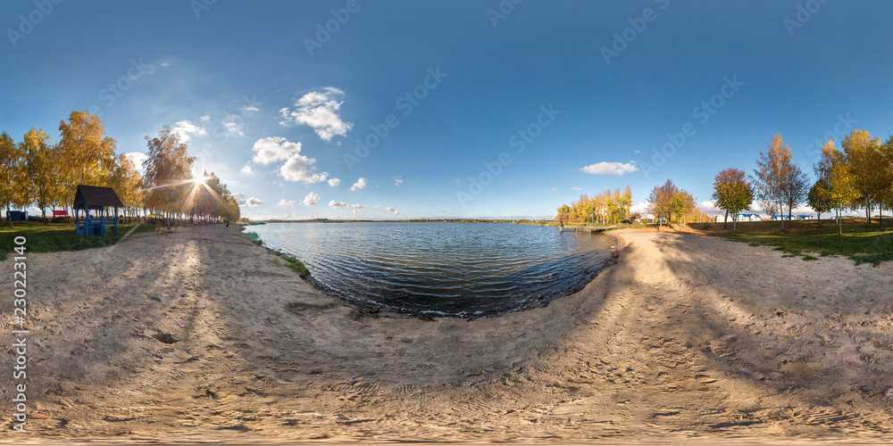 Wall mural full seamless spherical panorama 360 degrees angle view on the shore of width river neman in sunny s