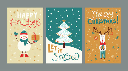 Set christmas cards templates with hand drawn holiday elements and lettering. Cartoon deer, snowman, christmas tree. Vector illustration