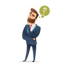 Bearded charming man is thinking. Question mark and manager. Pensive Businessman. Businessman thinking. Vector cartoon character design.