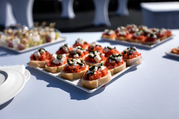 Assortment of tasty appetizers - canapes, sandwiches on the white tablecloth