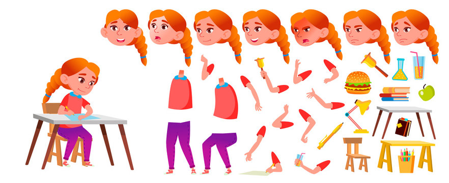 Girl Schoolgirl Kid Vector. Redhead. High School Child. Animation Creation Set. Face Emotions, Gestures. Young, Cute, Comic. For Card, Advertisement, Greeting Design. Animated. Illustration