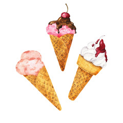 Set of ice cream cones isolated on white background. Hand drawn watercolor illustration.