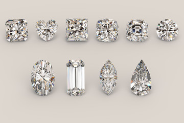 Ten the most popular diamond shapes on light gray background. 3D illustration