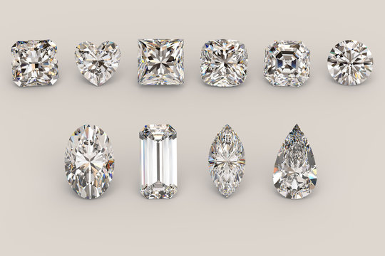 Ten the most popular diamond shapes on light gray background. 3D illustration