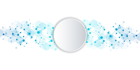 Molecular structure background and communication. Abstract background with molecule DNA and neural network. Medical, science and digital technology concept with connected lines and dots.