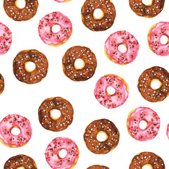 Seamless pattern with chocolate and pink doughnuts on white background. Hand drawn watercolor illustration.