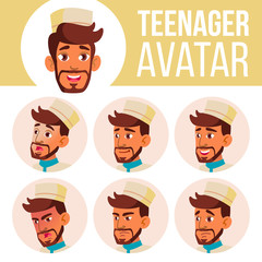Teen Boy Avatar Set Vector. Arab, Muslim. Face Emotions. User, Character. Cheer, Pretty. Cartoon Head Illustration