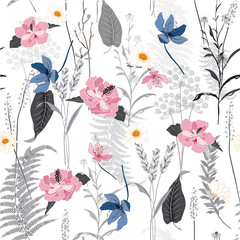 Hand-drawn vector seamless botanical pattern with different plants.