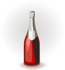 Champagne in a red bottle with a silver top. Vector illustration.