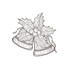 Bell, ribbon, holly, ilex. Christmas. Sketch. Monophonic.