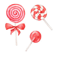 Set of sweet candies and lolipops isolated on white background. Hand drawn watercolor illustration.