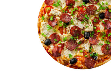 Pizza with Chicken meat, Mozzarella cheese, pepperoni, tomato, olive, salami. Italian pizza isolated on white background. with copy space. top view