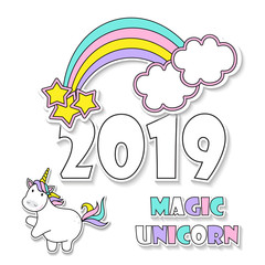 vector illustration of 2019 calendar with cute unicorn and rainbow