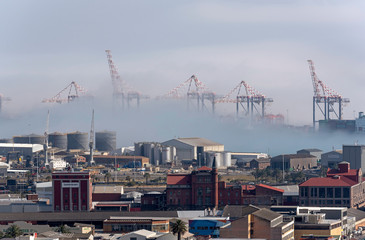 Cape Town, South Africa. An overview the port of Cape Town covered in a sea mist