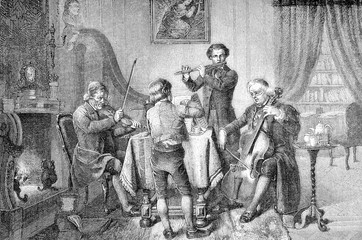 Music at home near the fireplace with tea, quartet of dilettantes, vintage caricature