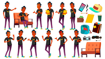 Teen Boy Poses Set Vector. Indian, Hindu. Asian. Friendly, Cheer. For Banner, Flyer, Brochure Design. Isolated Cartoon Illustration