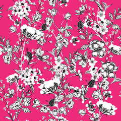 Trendy outline  Floral pattern in the many kind of flowers.Monotone colors Botanical  Motifs scattered random.