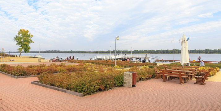 Autumn view of  Pier and  City Beach in Serock at  Narew river and Zegrze Lake