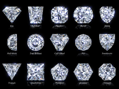 Fifteen exotic diamond shapes with titles isolated on black background. 3D illustration