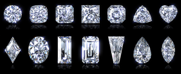 Fourteen popular diamond cut styles isolated on black background. 3D illustration
