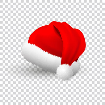 Santa Claus hat isolated on transparent background. Vector Realistic Illustration.