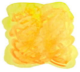 Bright yellow watercolor abstract background, spot, splash of paint, stain, divorce. Vintage pattern for design and decoration. With space for text.