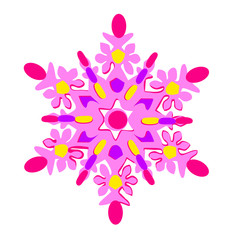 Bright winter pink snowflake on a white background. Vector illustration.