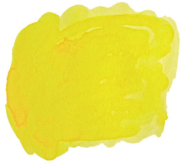 Bright yellow watercolor abstract background, spot, splash of paint, stain, divorce. Vintage pattern for design and decoration. With space for text.