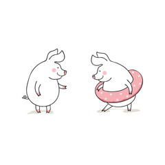 Vector illustration of cute pigs on the beach, cartoon design
