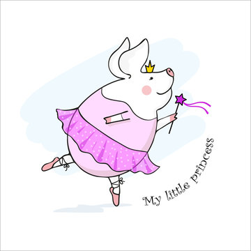 vector illustration of a cute pig princess with a magic wand, little pig ballerina dancing in a pink dress, cartoon design