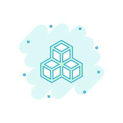 Vector cartoon blockchain technology icon in comic style. Cryptography cube block concept illustration pictogram. Blockchain algorithm business splash effect concept.