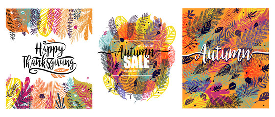 Happy Thanksgiving Day set with multicolor trendy autumn background. Great design element, Vector illustration, template design, brochure, banner, cover, booklet, flyer, card, poster